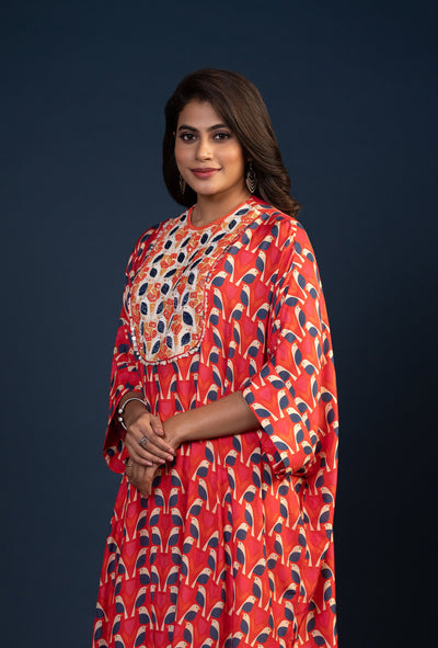 Rose Red Digital Print Kaftaan & Pant Set