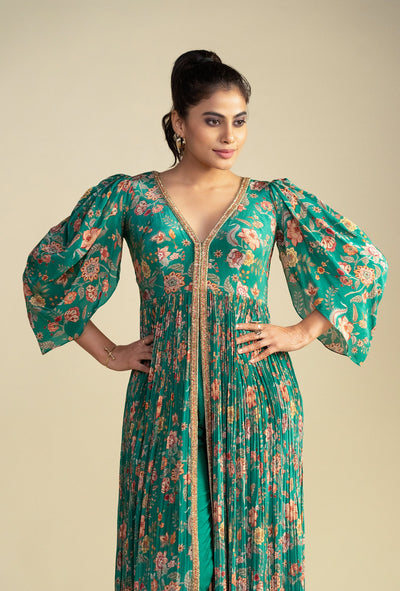 Marine Green Front Slit Jacket Kurta Set
