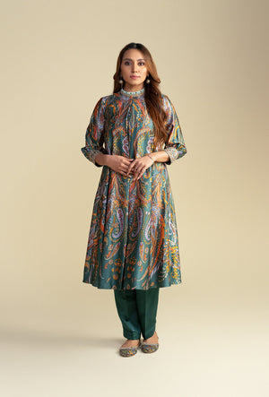 Green Digital Print Silk Kurta Set