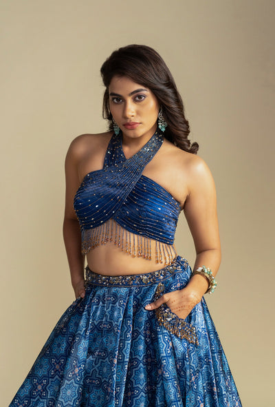 Aurelia Dreamy Blue Digitally Printed Lehenga Set with Halter Neckline