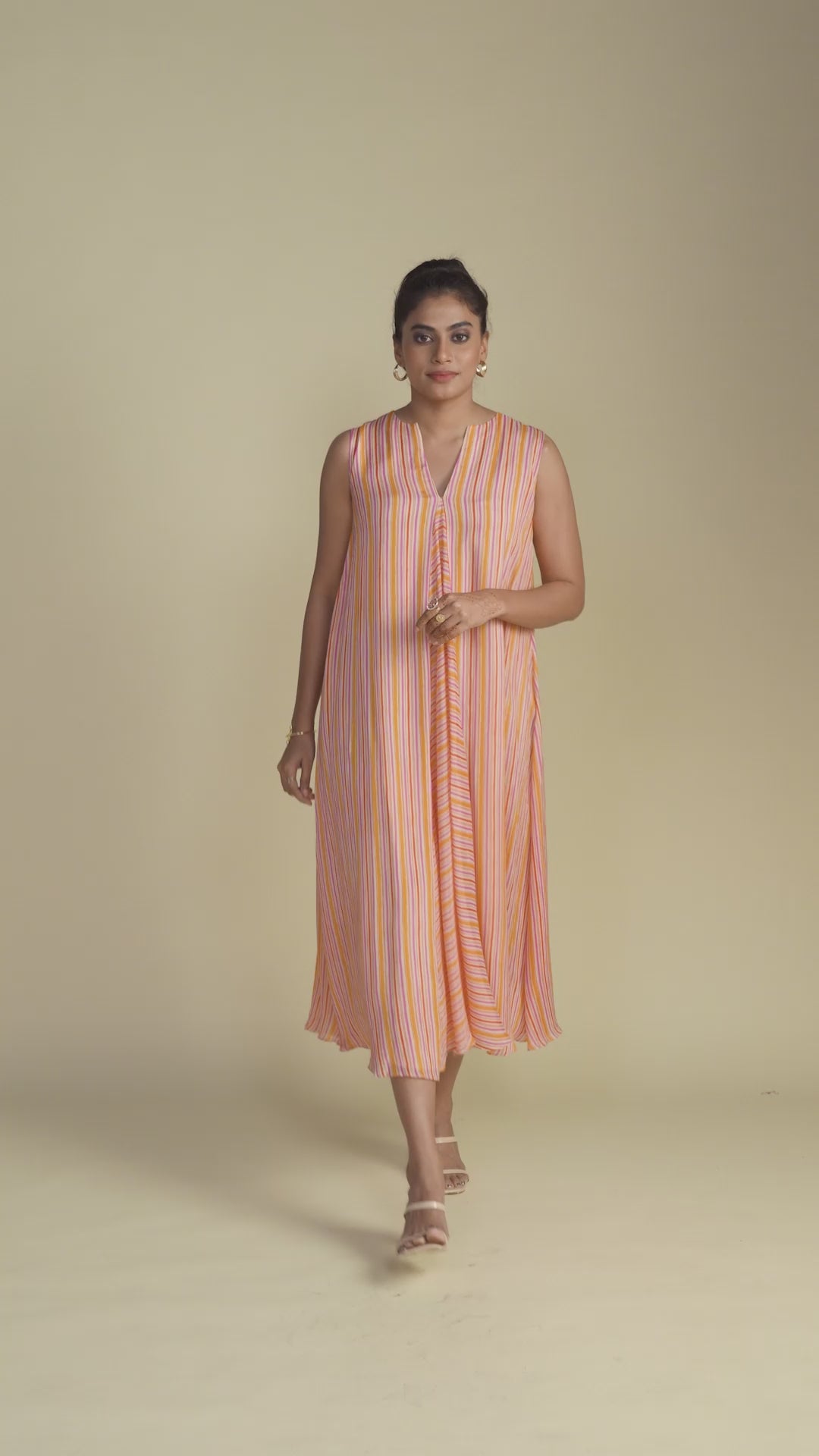 Salmon Pink Striped A-Line Dress