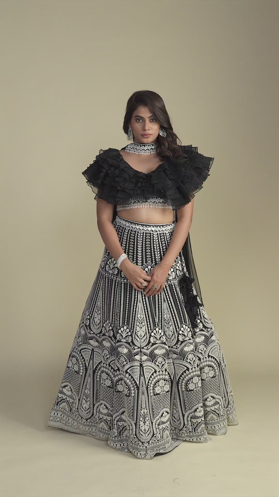 Regalia Black Ruffled Blouse with Lucknowi Handwork Lehenga & Choker Dupatta