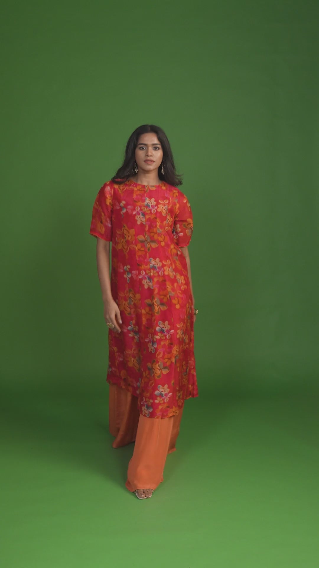 Coral Red & Orange Floral Print Kurta Set