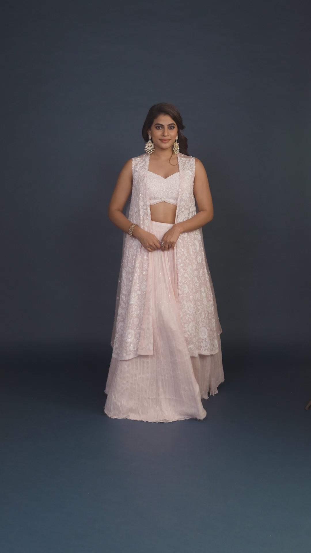Pink Organza Lehenga with Sleeveless Design and Embroidery