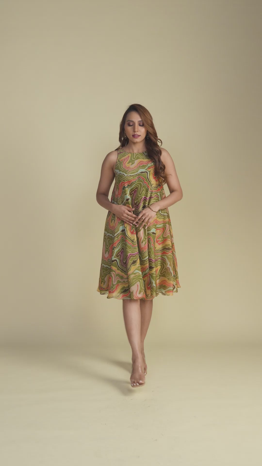 Green Multicolor A-Line Geometric Print Dress
