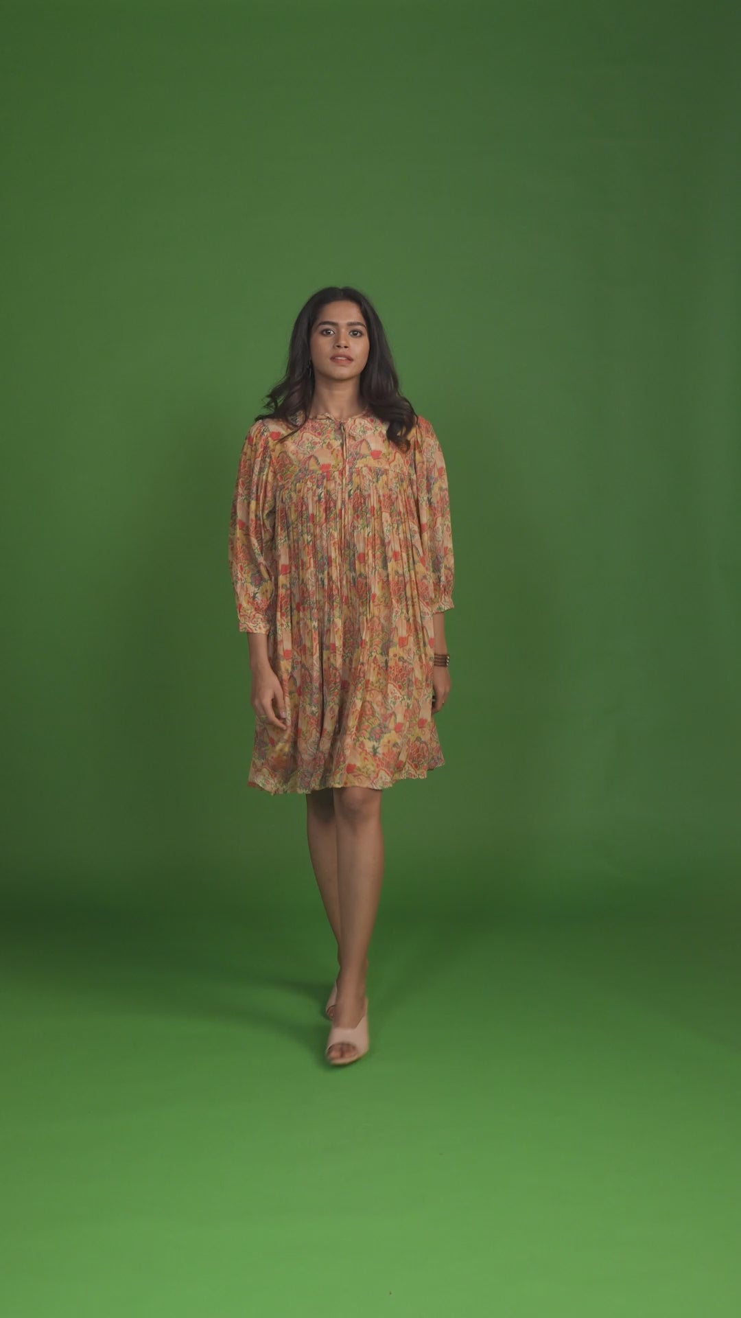 Ochre Drawstring Pleated Short Dress
