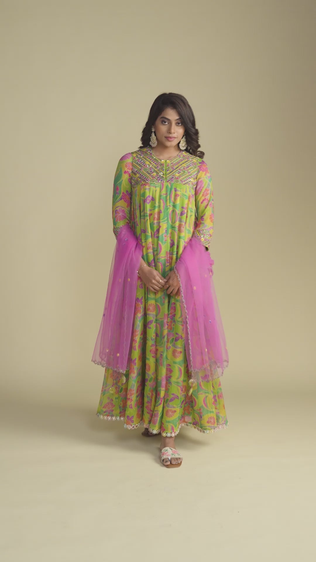 Green Floral Anarkali Set