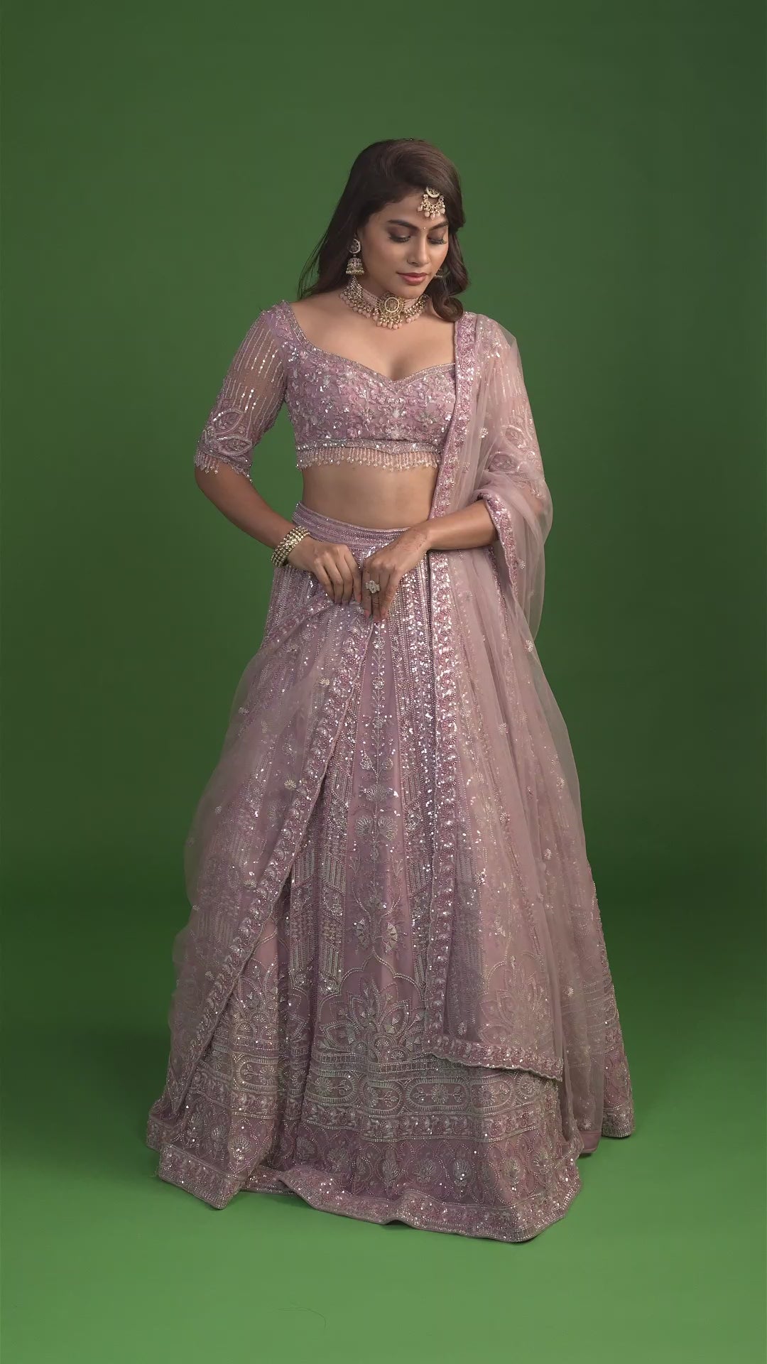 Sable Dusty Pink Net Embroidered Stone work Lehenga Set