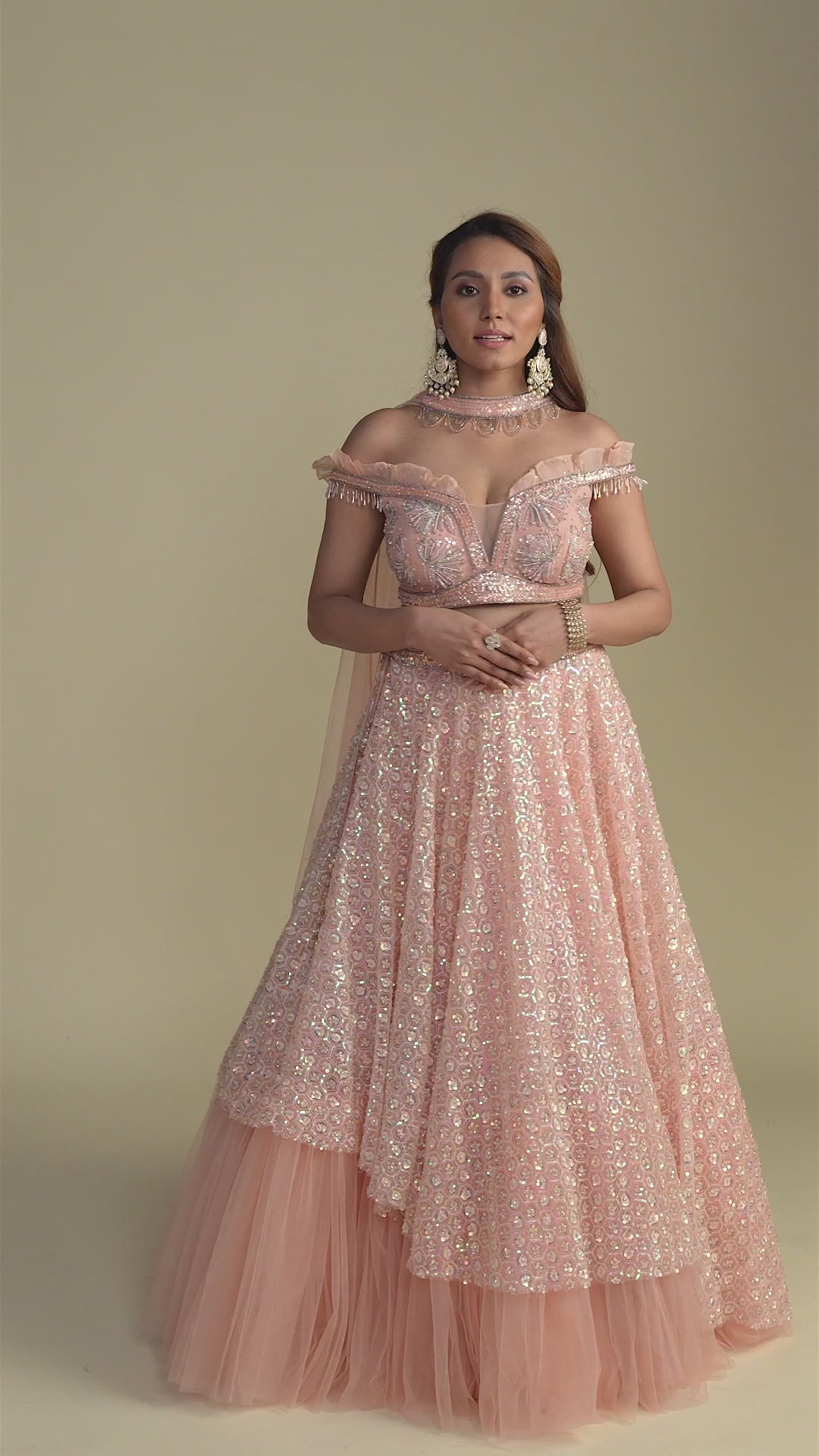 Dewdrop Romantic Pink Sequined Lehenga with Off Shoulder Sleeves