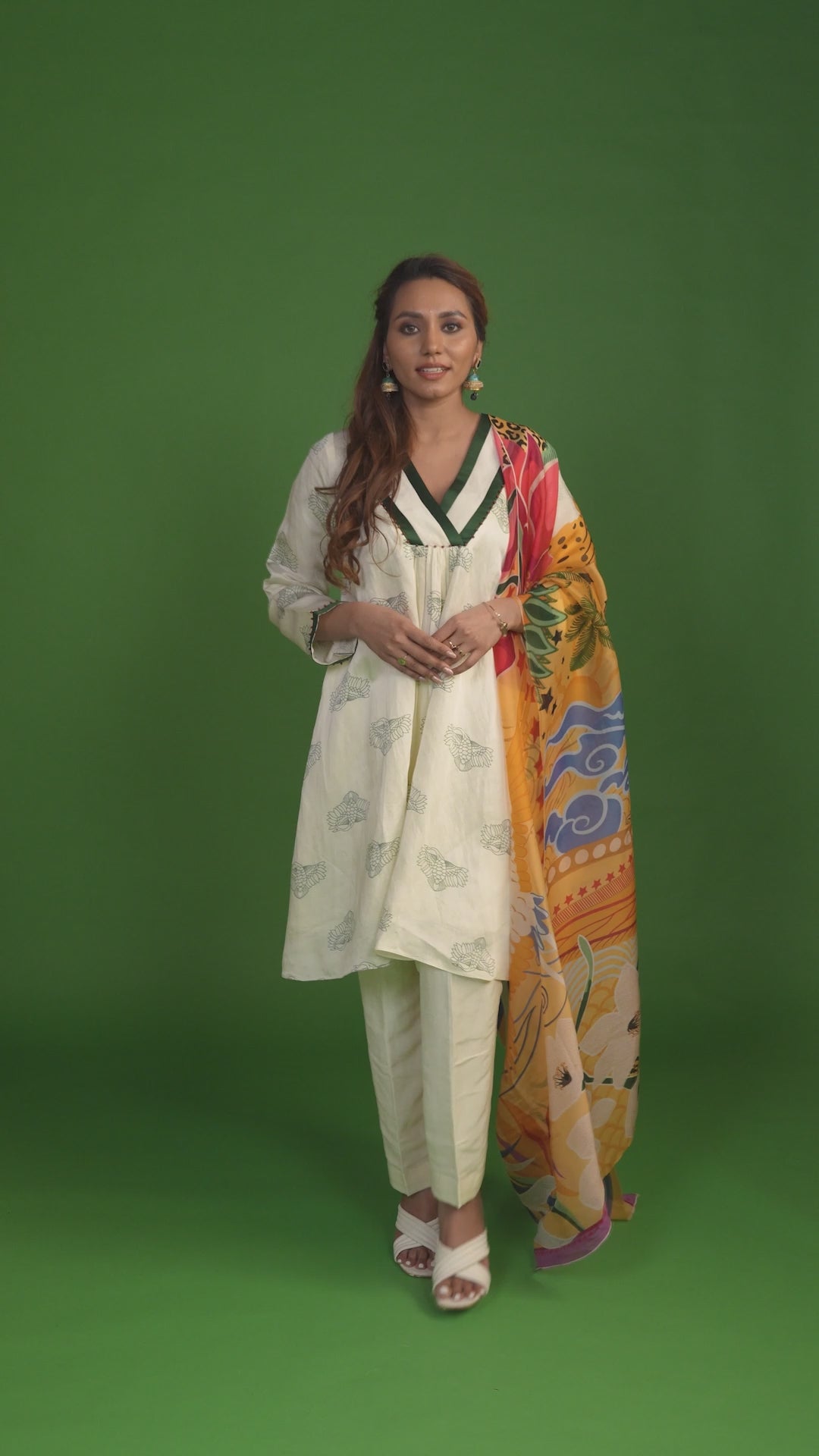White Floral & Animal Print Kurta Set
