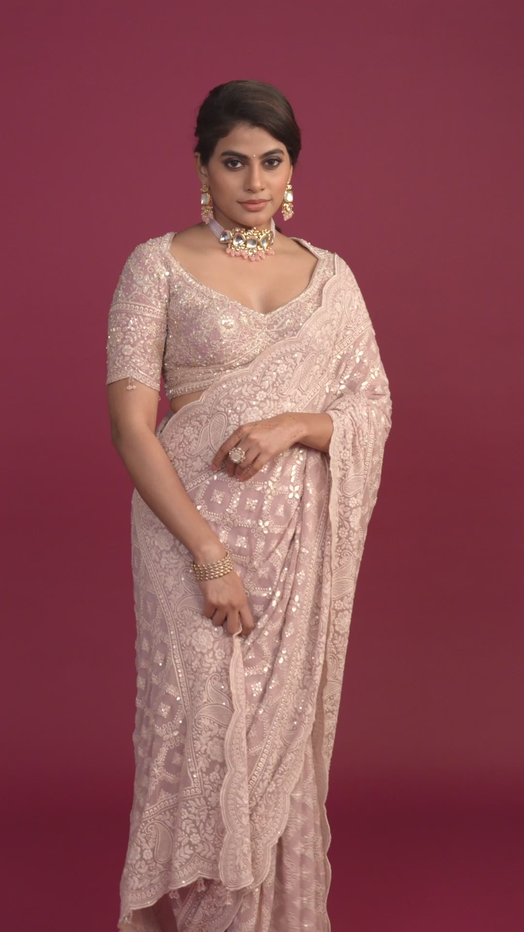 Saanjh Peachy Pink Lucknowi Pre Draped Saree