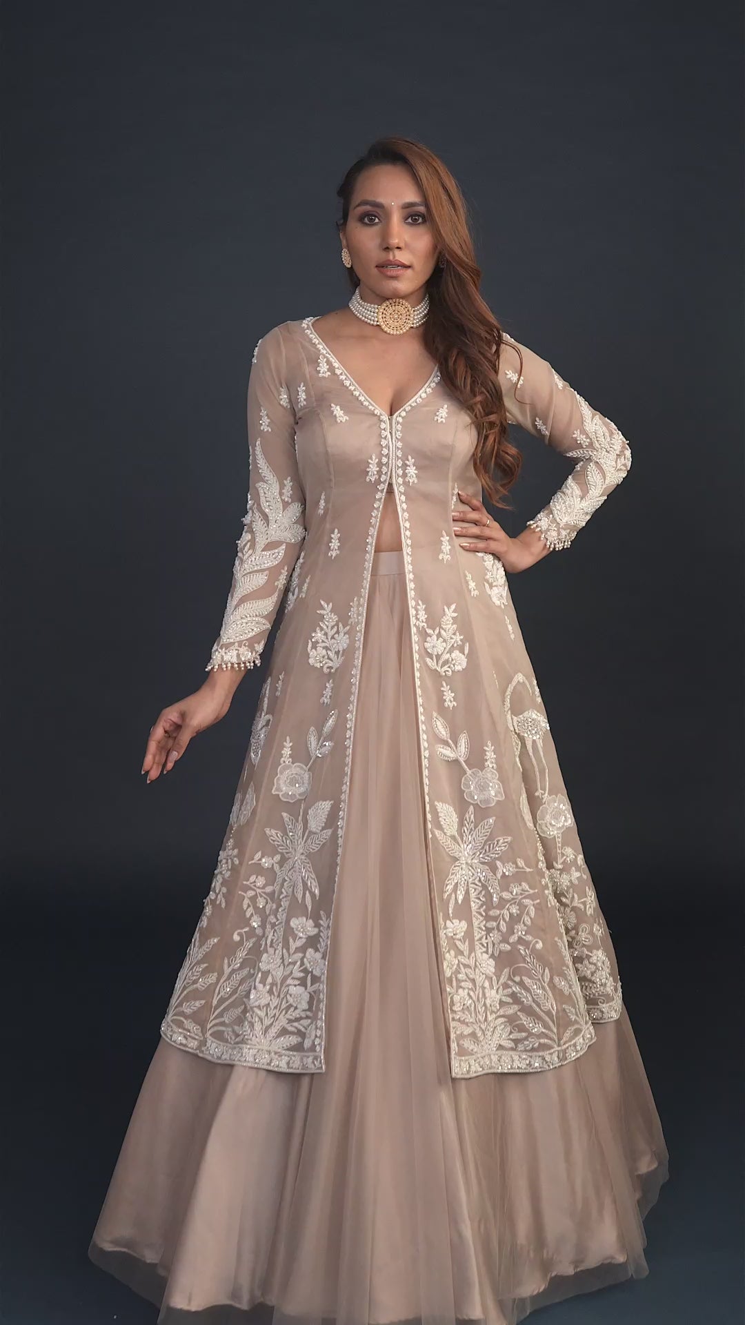 Athena Plunging V-Neck Modal Silk Blouse with Embroidered Jacket Lehenga Set