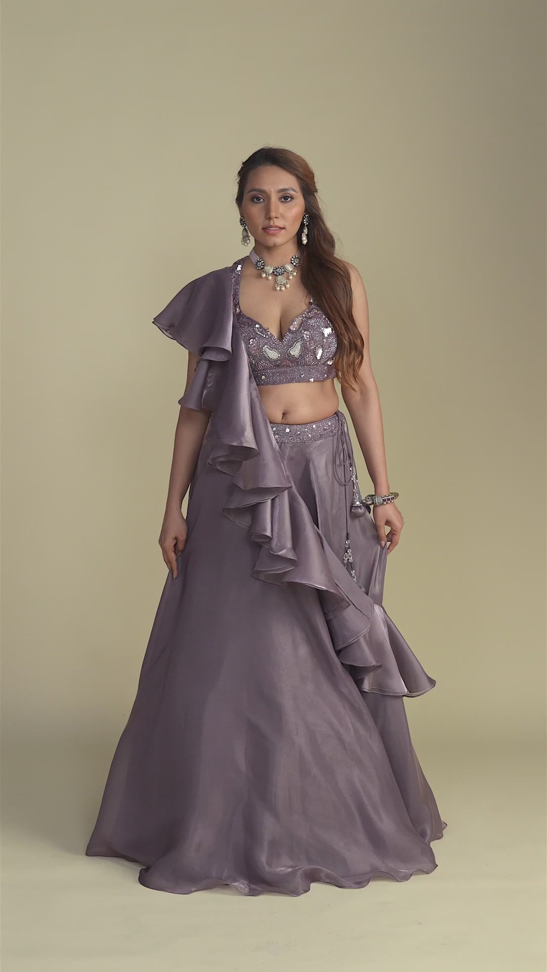 Amber Purple Rose Ruffled Dupatta Lehenga Set