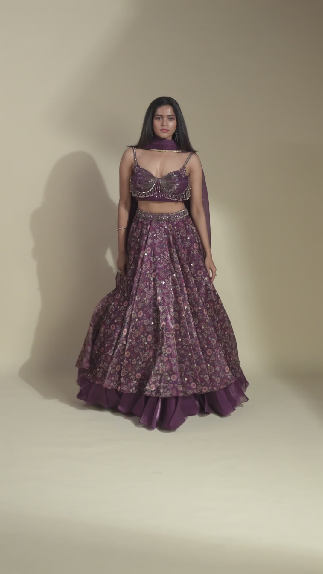 Elixir Wine Glass Organza With Crystal Tassled Blouse And Organza Lehenga