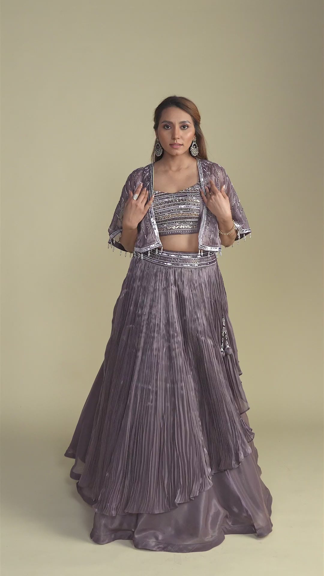 Rosette Dusty Pink Short Cape Jacket with Beaded Embroidery Lehenga