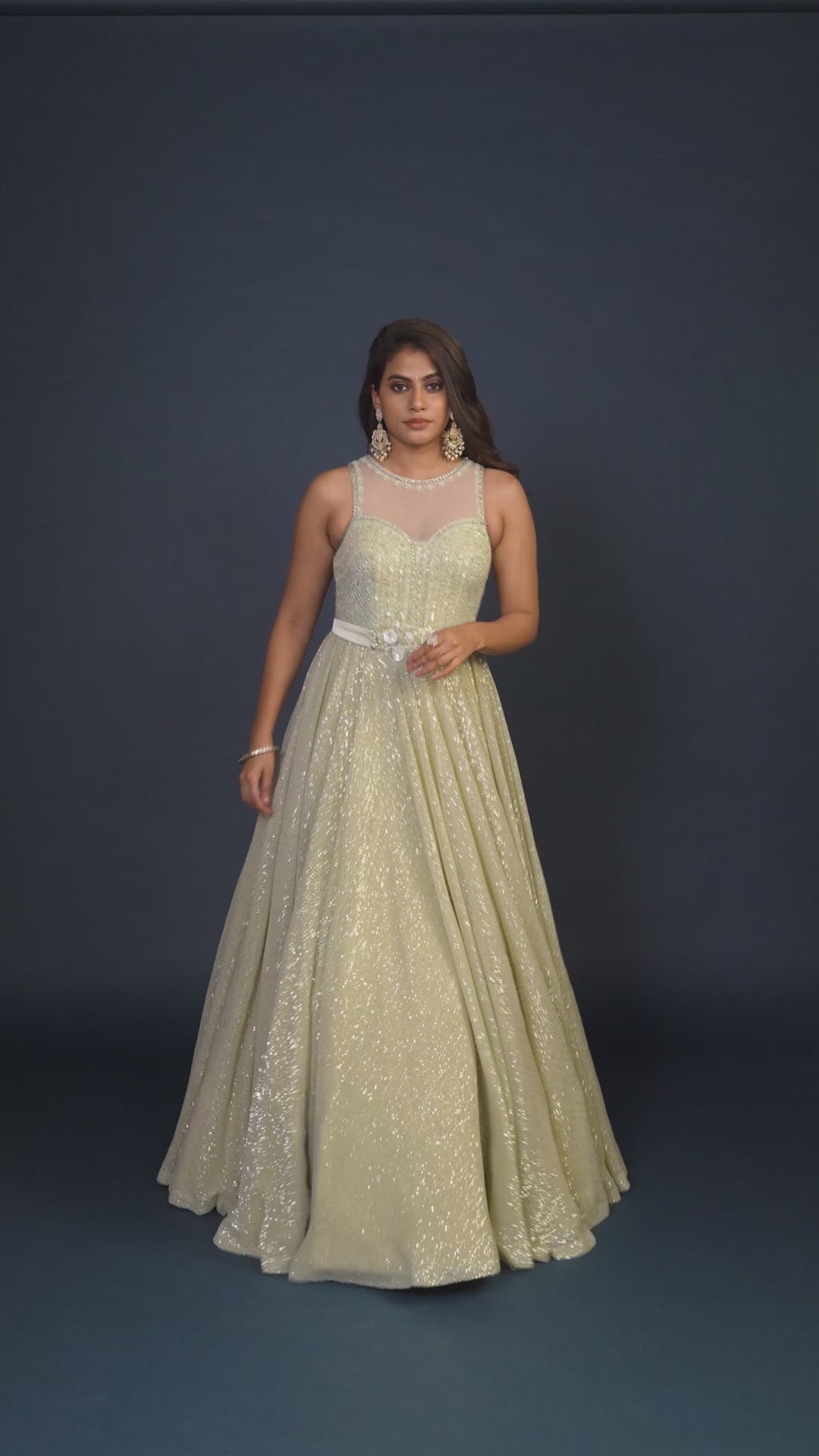 Evermore Shimmer Green Glass Tissue Sequined Gown