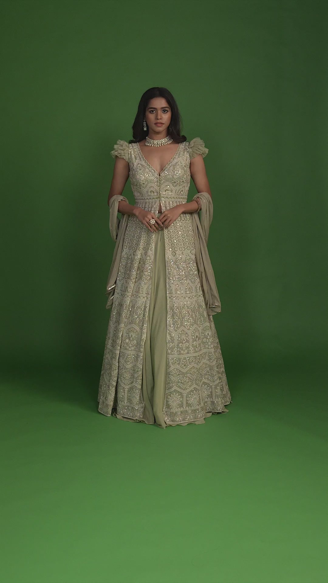 Imperial Moss Green Sheer Embroidered Front Slit Jacket Lehenga Set